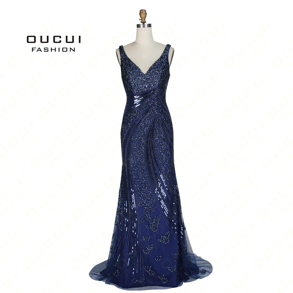 

Beaded handmade Crystal Mermaid Long Evening Dress Lace Up Spaghetti Strap New Formal occasion Navy Plus size OL102981