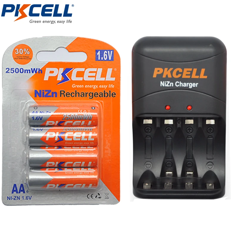 PKCELL 4 шт. 1 6 в Ni Zn Bateria AA Аккумуляторная батарея 2500mWh + 8186 AA/AAA аккумуляторная