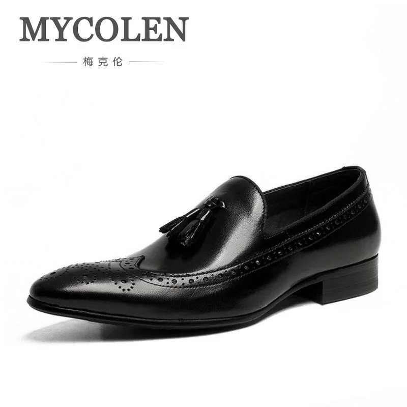 

MYCOLEN Brand Handmade Mens Formal Shoes Genuine Leather Black Fashion Tassel Male Shoes Men Top Quality Carving Formal Flats