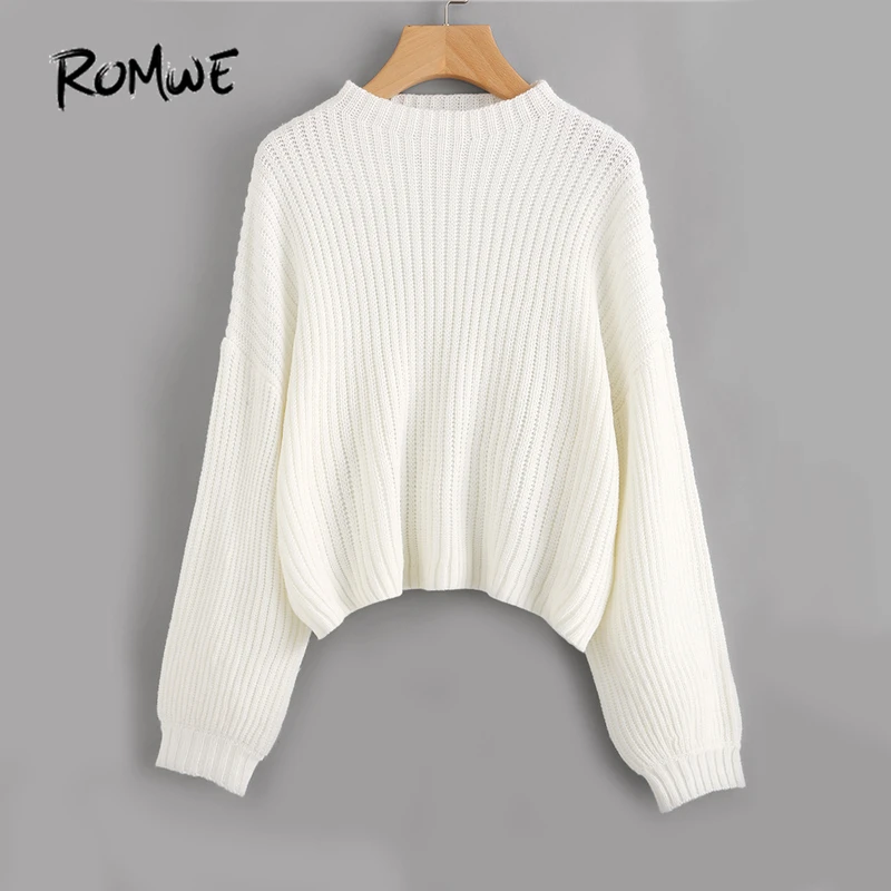 ROMWE White Drop Shoulder Sweater Pullovers Women Lantern