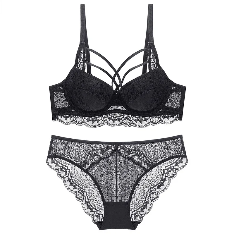Deep V Sexy Underwear Ultrathin Bra Set Plus Size Brassiere Women Lingerie Set Lace Embroidery Transparent Bra Panties Set 12560