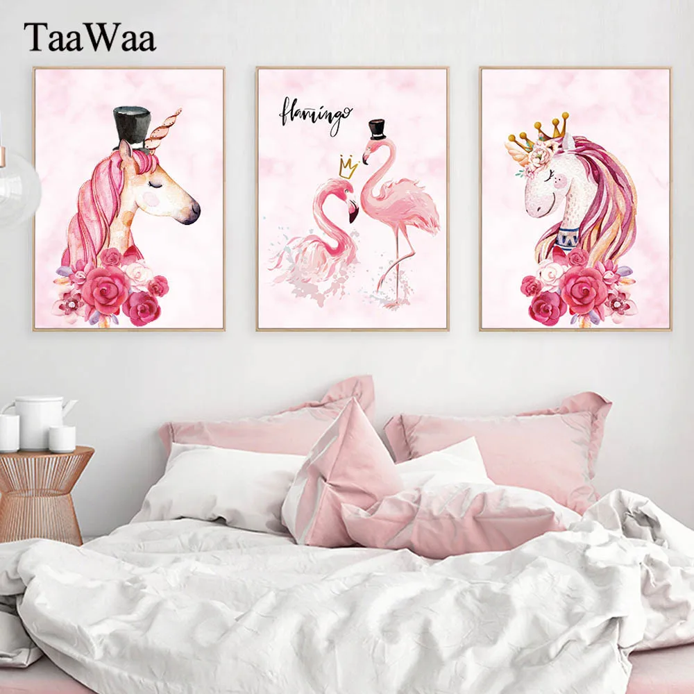 

TaaWaa Pink Flamingo Unicorn Canvas Posters and Prints Nordic Modern Painting Minimalist Decorative Pictures For Living Room