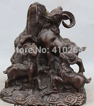 

11" Chinese Bronze Folk FengShui Wealth Money Animal 3 sheep Goat Ram Statue