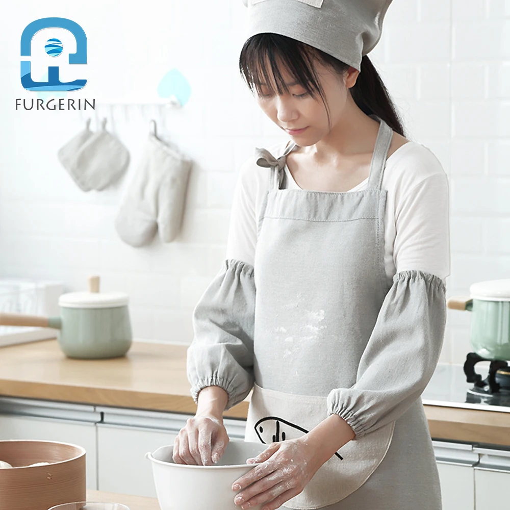 FURGERIN Six-piece Set Kitchen Apron Oversleeves Linen Aprons for Woman Baking Gloves Oven Mitts with Scarf kitchen accessories