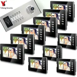 YobangSecurity 10 Единица КВАРТИРА 7-дюймовый видеодомофон домашнее видео домофон дверной звонок RfID Система контроля доступа