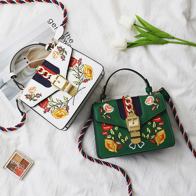 

2019 New European and American Fashion Embroidery Flower Small Square Pack Colour Lock Button Single Shoulder bag