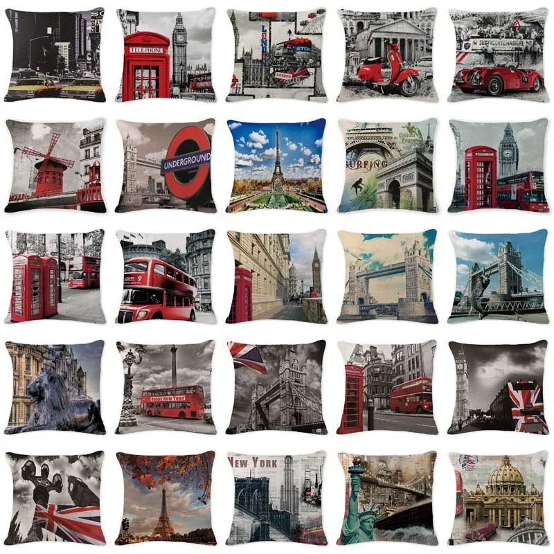 

London Fashion Pillow Case Tower Sofa Decorative Cushions Big Ben Bus Custom Pillow Cover England style Living Room Throw Pillow