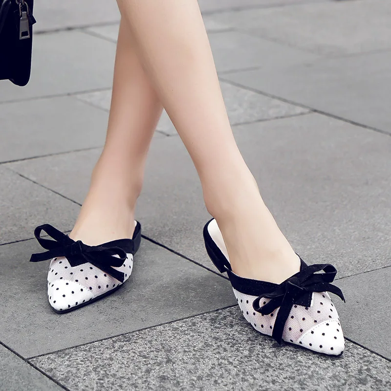 Женские шлепанцы кружевные с острым носком в горошек летняя обувь женские бантом