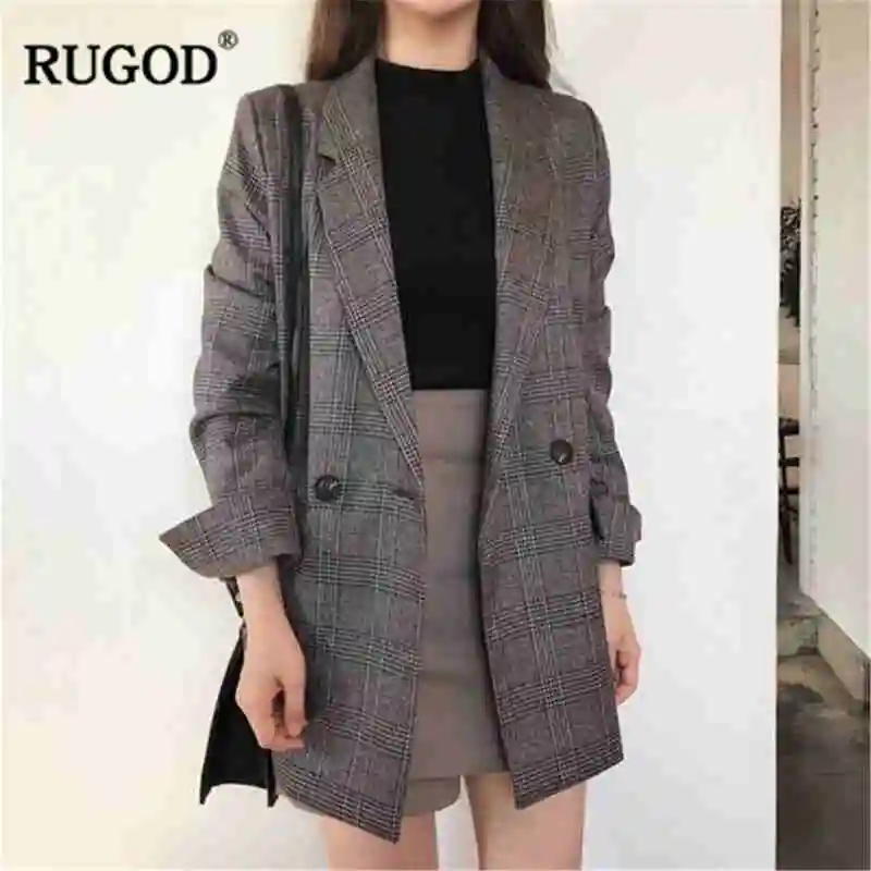 RUGOD новые клетчатые костюмы для досуга Для женщин с длинным рукавом блейзеры с вытачками Для женщин Модный повседневный костюм для женщин Для женщин костюмы офисные наборы для ухода за кожей - Цвет: Коричневый