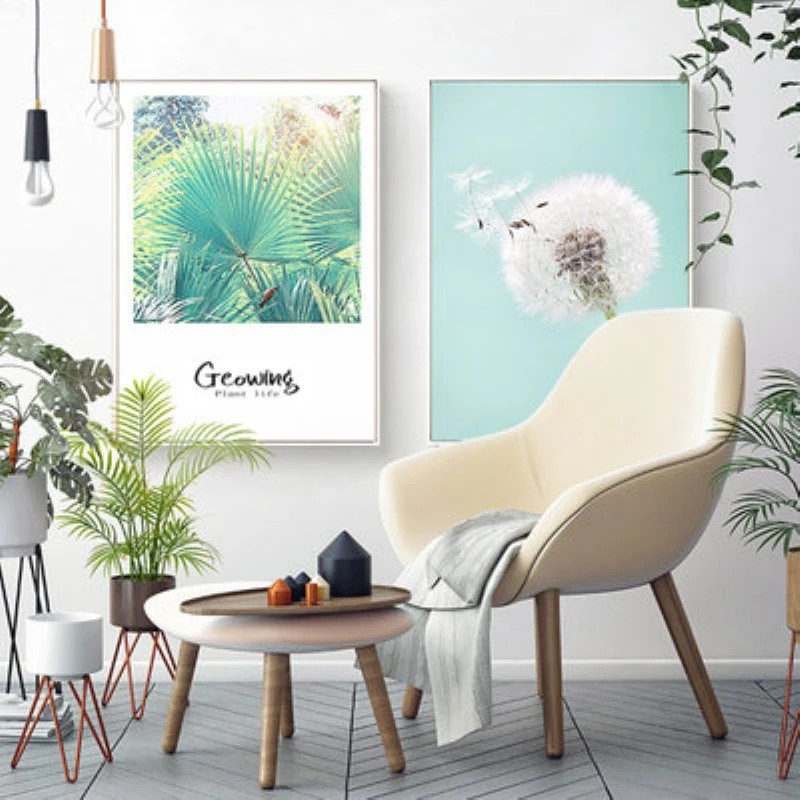 

Nordic Poster Blue Sea Wave Flower Dandelion Green Plant Leaves Canvas Art Wall Poster Pictures For Living Room Decor Unframed