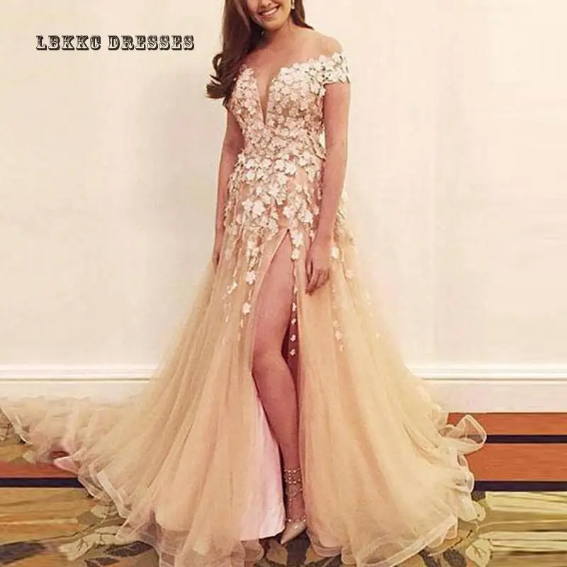 

Champagne Evening Dress Long 2019 Abendkleider Sexy Evening Gowns Appliques Floral Abiye Robe De Soiree Formal Women Gown