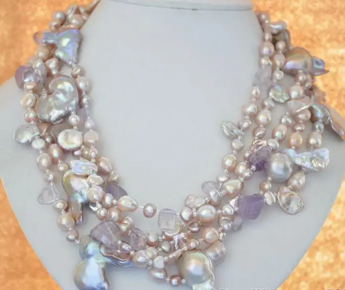 

hot sell new - 3418 5row lavender baroque keshi pearl amethyst necklace