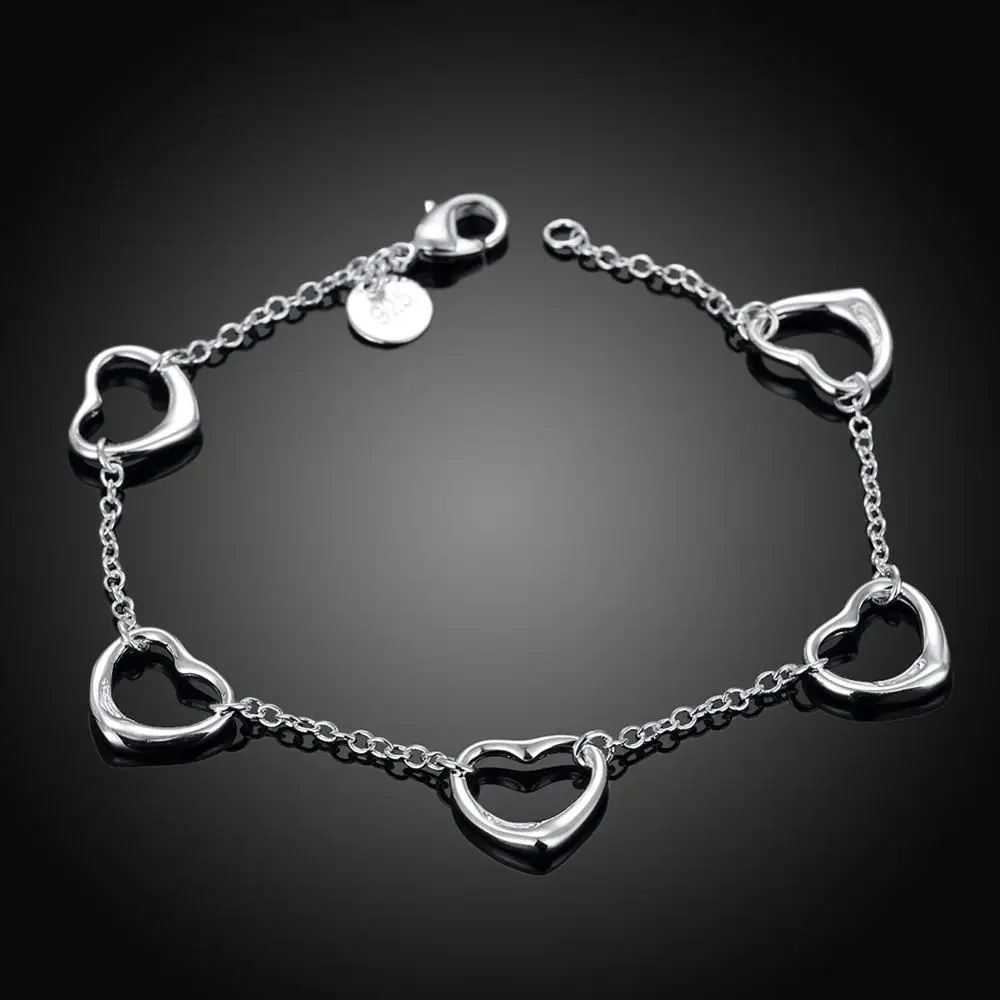 Popular 5 Love Heart Shape Pendants silver Link Chain Romantic Bracelet