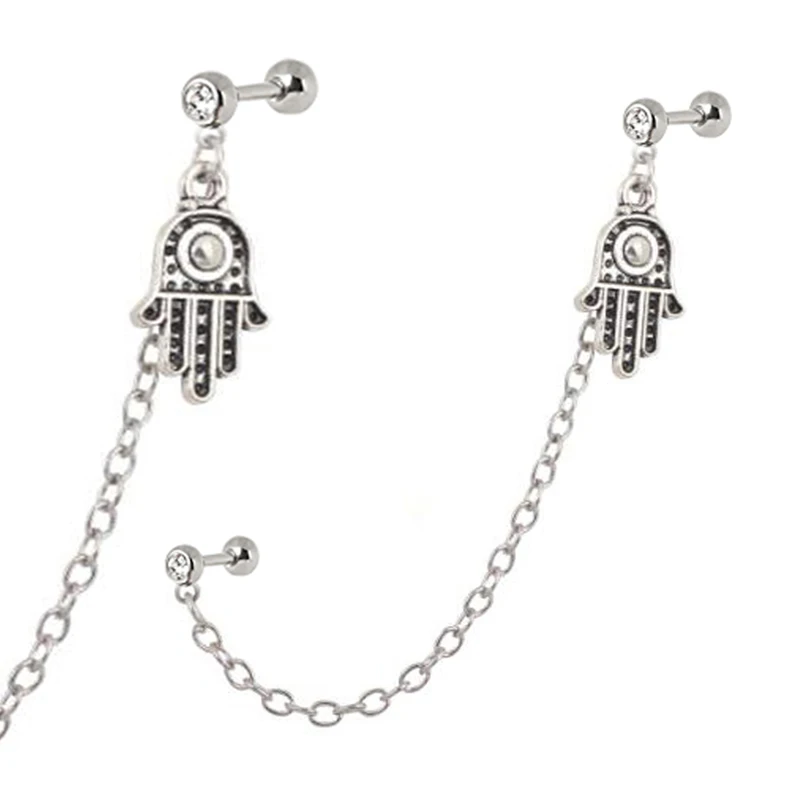 

Husam Hand Helix Tragus Cuff Ear Piercing Cartilage Stud Earring tragus piercing earring with Chain