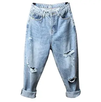 

Women's jeans Large size 4XL Hole High waist Loose Straight Wide leg denim pants fashion Nine Pants Female r1306