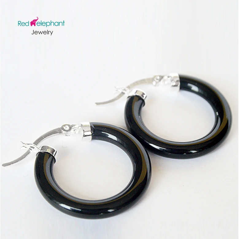 

FREE SHIPPING>>> Free Shipping New Fashion Women 925 Sterling Silver Ear Hoop Black Agate Earrings