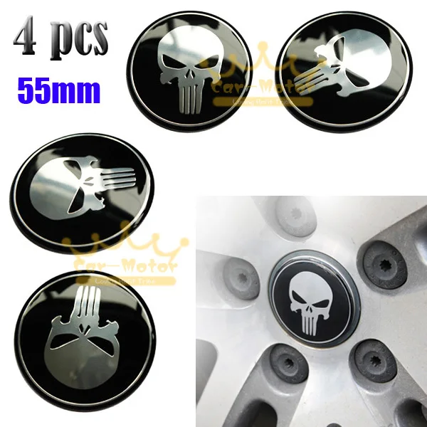 4x 55mm Punisher Skull Car Truck Motor Wheel Center Cap Hub Sticker Badge Decals 