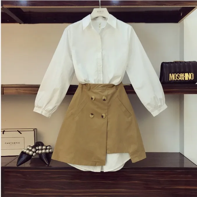 

2019 Spring Women's Simple Long White Shirt Dress + High Waist Open Fork Khaki Skirt Two-piece Girl Students Skirt Set