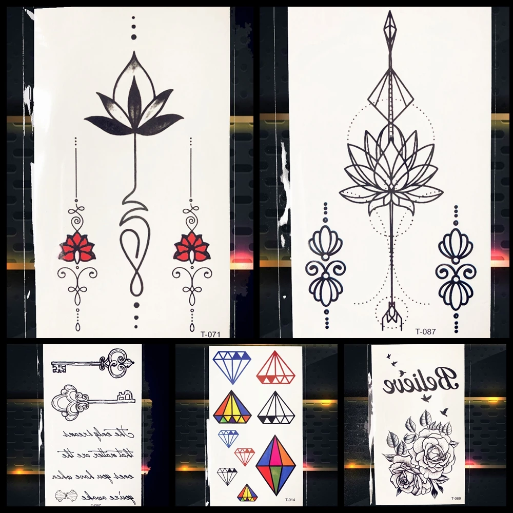 034 22 De Réductionbracelet Lotus Fleur Noir Géométrie Tatouage Autocollants Filles Corps Doigt Mains Cheville Décalcomanies Tatouages Bouddha