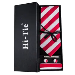 Привет-галстук мода красный и белый полосатый Галстуки, установленные для Для мужчин шеи галстук платок запонки галстук набор с подарочная