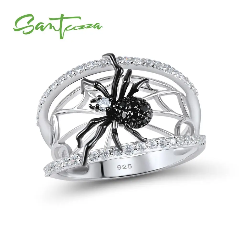 SANTUZZA Серебряное кольцо для женщин из натуральной 925 пробы серебряные уникальные кольца нежное черное кольцо с пауком модные вечерние ювелирные изделия