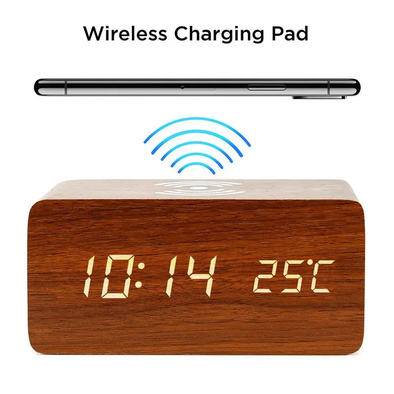 Будильник с беспроводной зарядной панелью Qi, совместимой с Iphone samsung, деревянные светодиодные цифровые часы, функция управления звуком