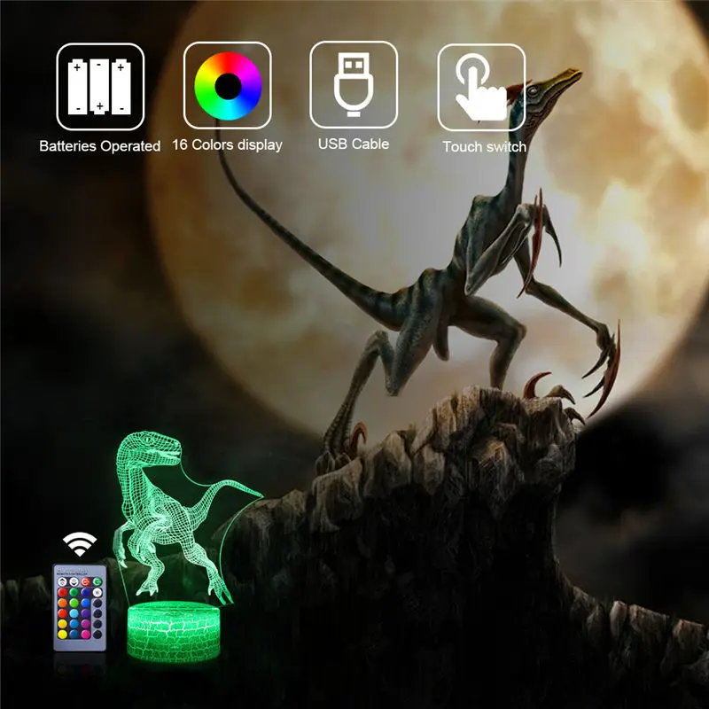 3D динозавр ночной Светильник СВЕТОДИОДНЫЙ Иллюзия настольная лампа сенсорный пульт дистанционного управления Декор 16 цветов Детский праздник Рождественская вечеринка Raptor Подарки Игрушка