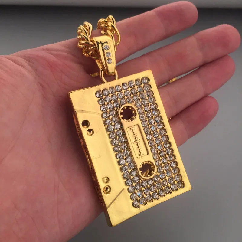 

Iced Out Bling bling Music Magnetic Tape Pendant Necklace Cuban Curb Chain Mens Vintage Hip Hop Rapper Jewelry