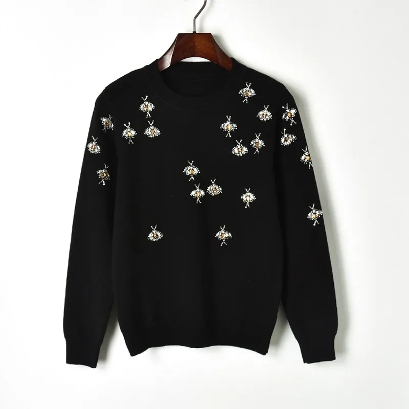 

Fashion Women Black Sweater 2018 Winter New Handmade Beaded Sequins Small Bee Knit Crew Neck Sweater Female Causal Pullovers Top