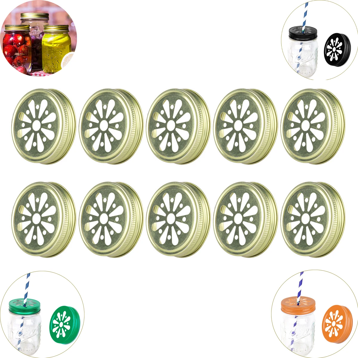 

10Pcs Hollow Out Flower Shape Mason Jar Lids Rust Resistant 70mm Inner Diameter Bottle Cap Drinking Glass Canning Metal Hole Lid
