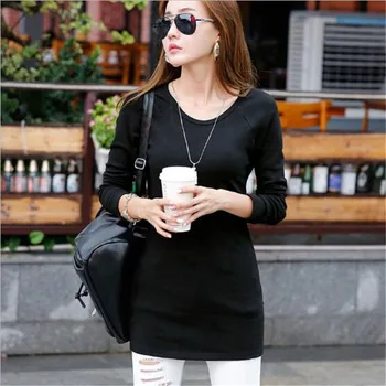

Boutique women's shirt 2019 autumn new Korean version of the long section long-sleeved shirt cotton T-shirt skirt plus size