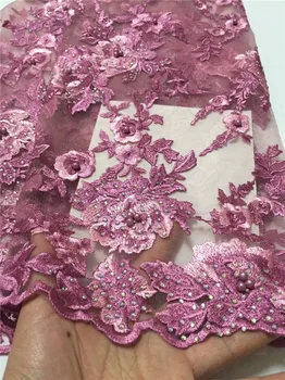 

Nigeria Lace French Lace Fabric Super Hot Nigerian Wine Lace Fabric High Quality Embroidered Lace Fabric with beads stones pink