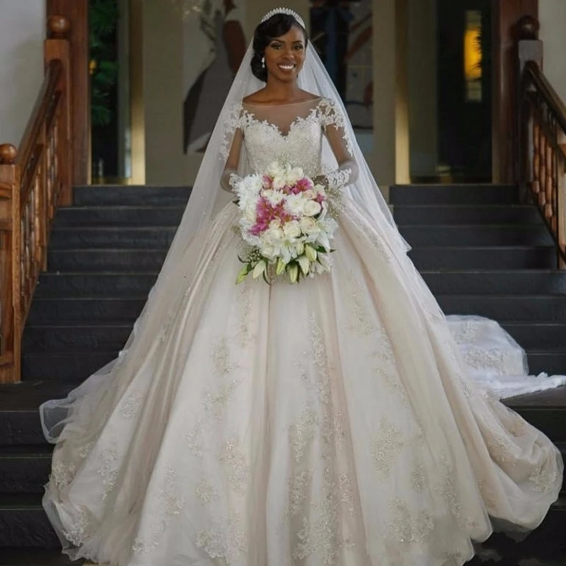 Sheer Long Sleeve Lace Wedding Dress Tulle Over Satin Ball Gown 2017 | Свадьбы и торжества