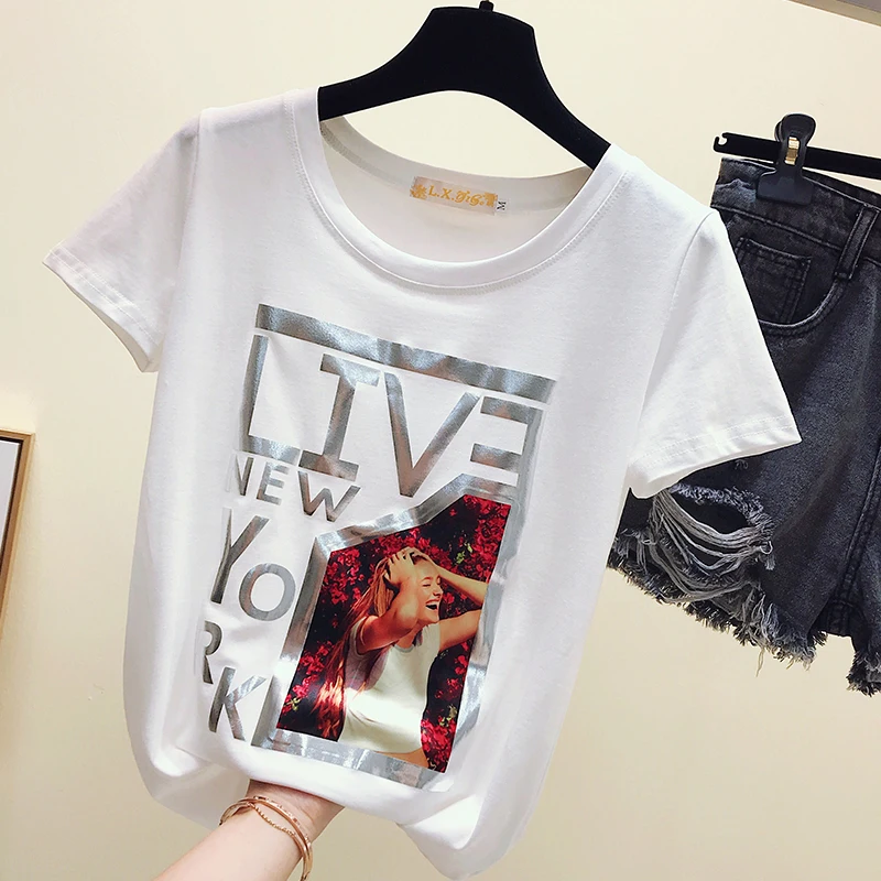 

2019 Summer Fashion Women Casual Letter And Girls Print O Neck T-Shirt Female Pullover Tee Tops A1221