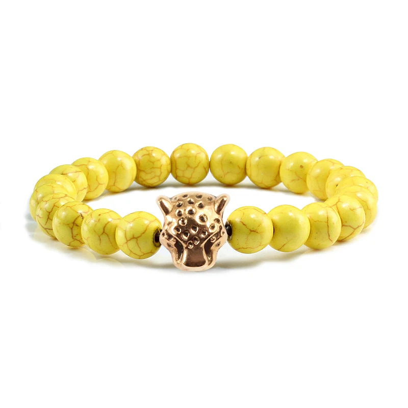 Gold Yellow Выветривающийся камень золото/серебро Цвет голова леопарда бисерный браслет для мужчин Новая мода натуральный камень черный браслеты с лавовыми бусинами - Окраска металла: Gold Yellow