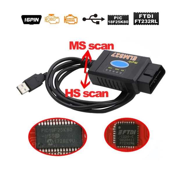 Pic18f25k80 для Ford ELM327 USB FTDI чип с переключателем для Forscan HS CAN/MS CAN автомобильный диагностический инструмент и ELM 327 версия Bluetooth - Цвет: USB version