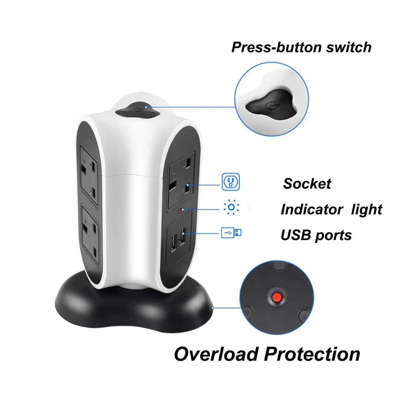 Силовые полосы, розетка, вертикальный башенный удлинитель, 5 способов, штепсельная вилка Великобритании, розетка с USB 2 зарядными портами, удлинитель 9 футов