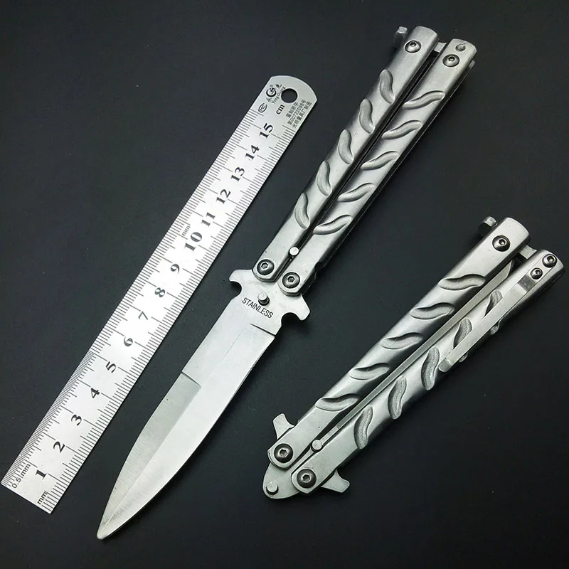 Tactical Practice BUTTERFLY in knives no Sharp Tools unsharp Knife Silver Titanium Stainless Steel Metal Bali song Gift Toys