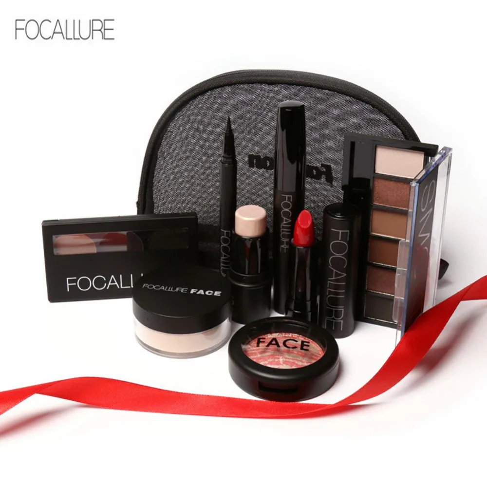 Conjunto de Maquiagem Highlighter com Pincel Kit de Cosméticos Focallure Sombra Paleta Delineador Batom Fosco Maquiagem Bolsa Compõem 8 Peças
