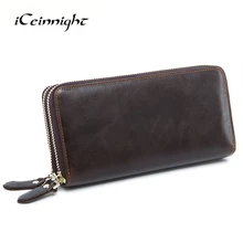 iCeinnight Business Double Zipper Men Clutch Bags Genuine Leather Wallet Men High Quality Wallets Male Big Capacity Long Purses