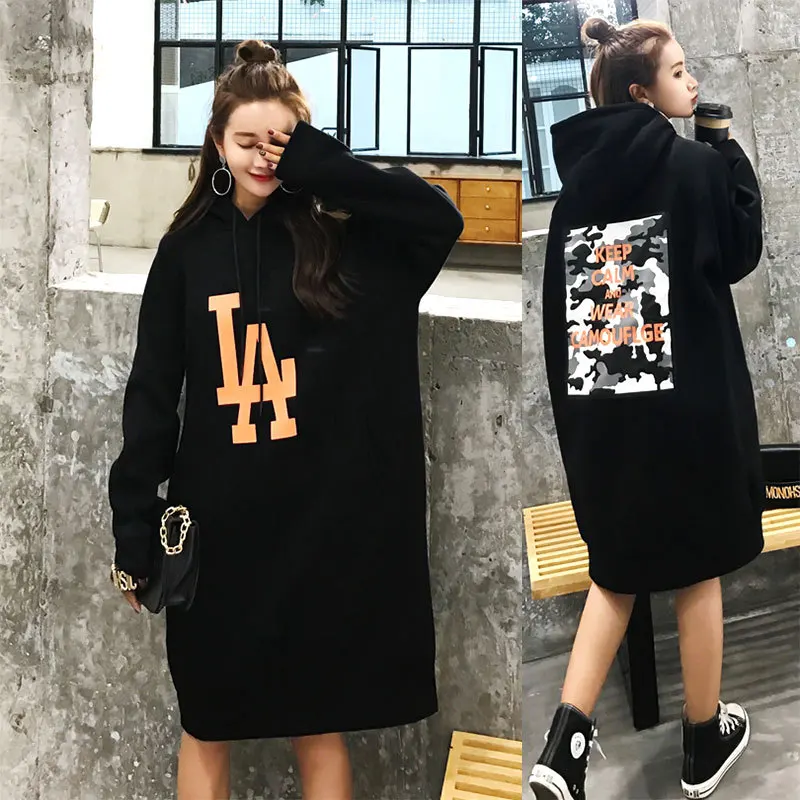 SWYIVY Woman Hooded Sweatershirt Velvet Warm 2018 Autumn Winter Female Long Design Loose Hoodies Print Punk Warm Sweatershirt