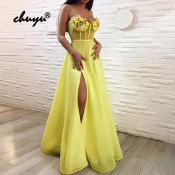 

Yellow Muslim Evening Dresses Lace Flowers Slit Illusion vestido de festa Islamic Dubai Saudi Arabic Evening Gown Prom Dress