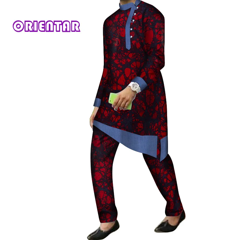 2 Pieces Set Men African Clothes Long Sleeve Shirt and Pants Traditional African Bazin Riche Print Dashiki Suit Trousers WYN844