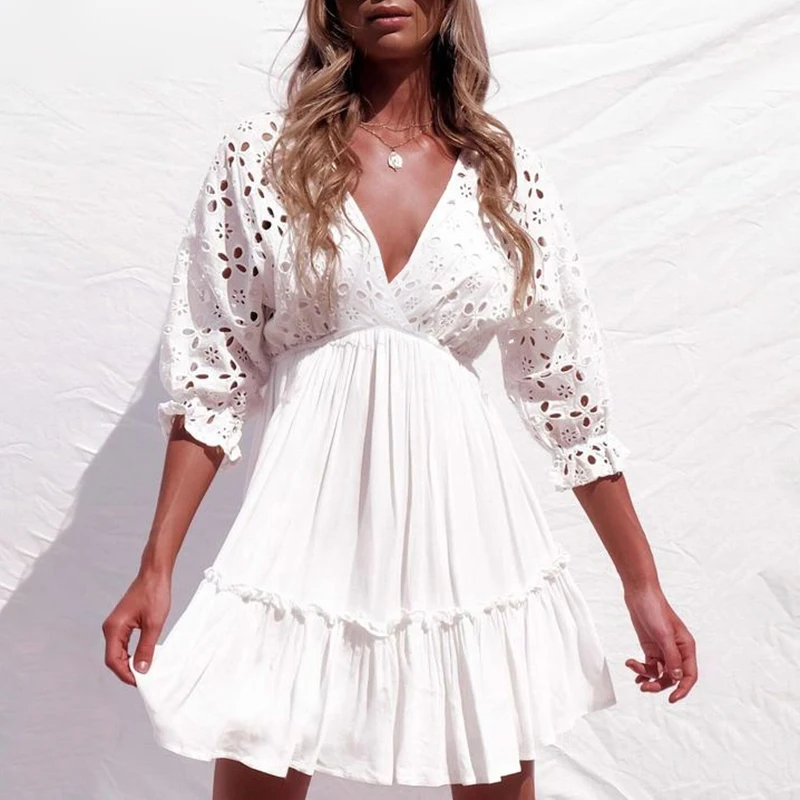 

Sexy Embroidery Cotton White Dress Women Elegant Ruffle Pleated Summer Dresses V Neck Hollow Out Short Dress Vestidos