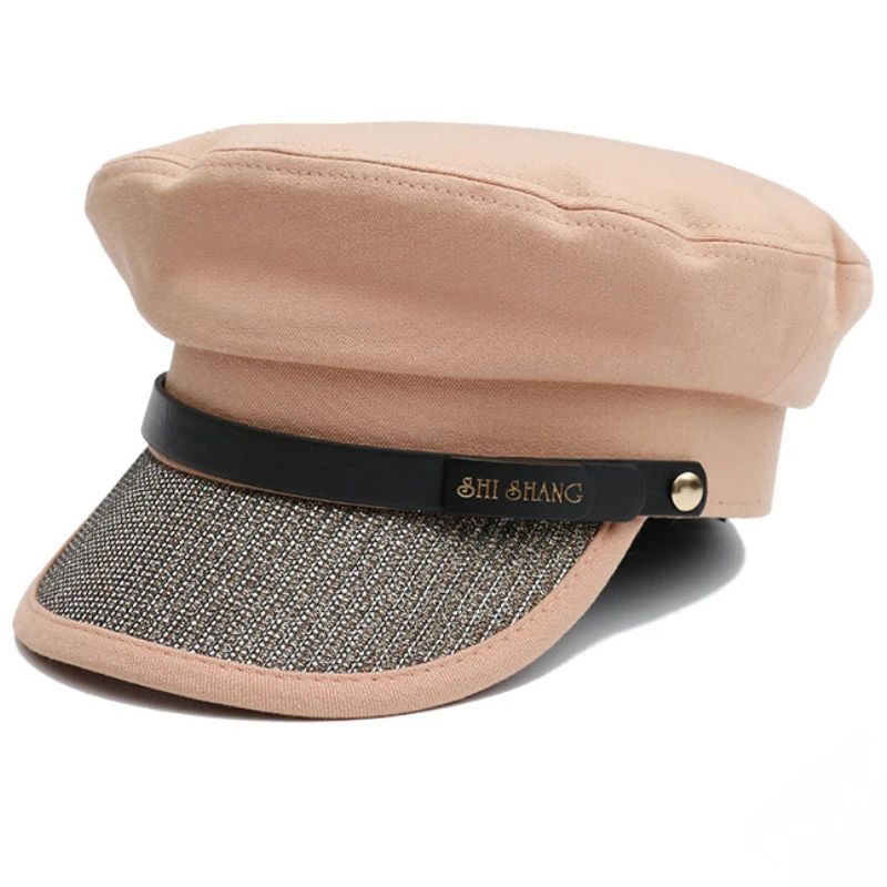 

HT2540 Vintage Women Beret Cap Retro Flat Top Army Military Cap Artist Painter Sequin Brim Newsboy Cap Ladies Sailor Captain Cap