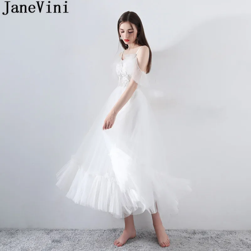 

JaneVini White Elegant Bridesmaid Dress for Wedding Party Sexy Tea-Length Tulle Women Prom Formal Gowns Long Maid Of Honor Dress