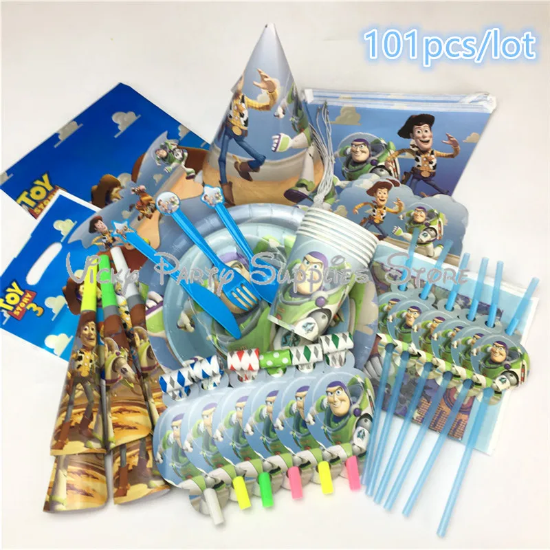 

101pcs/lot Toy Story Disposable Tableware Set Story Theme Birthday Baby Shower Paper Plate Cup Party Decoration Supplies