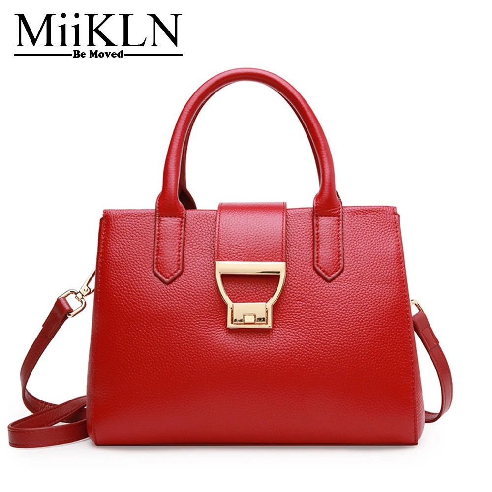 

MiiKLN Cow Leather Women Handbag Casual Tote Genuine Leather Bags Red Black Female Crossbody Zipper Solid Woman Shoulder Bag