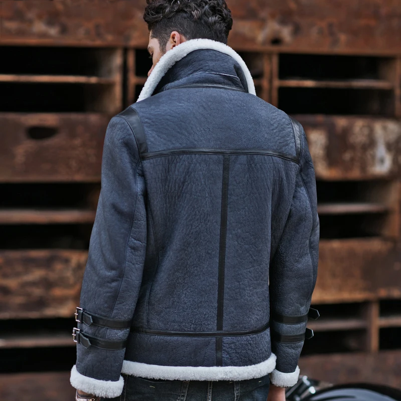 Мужской стиль овчина пальто B3 курточка бомбер Короткая секция синий и камуфляж коричневый мех одежда