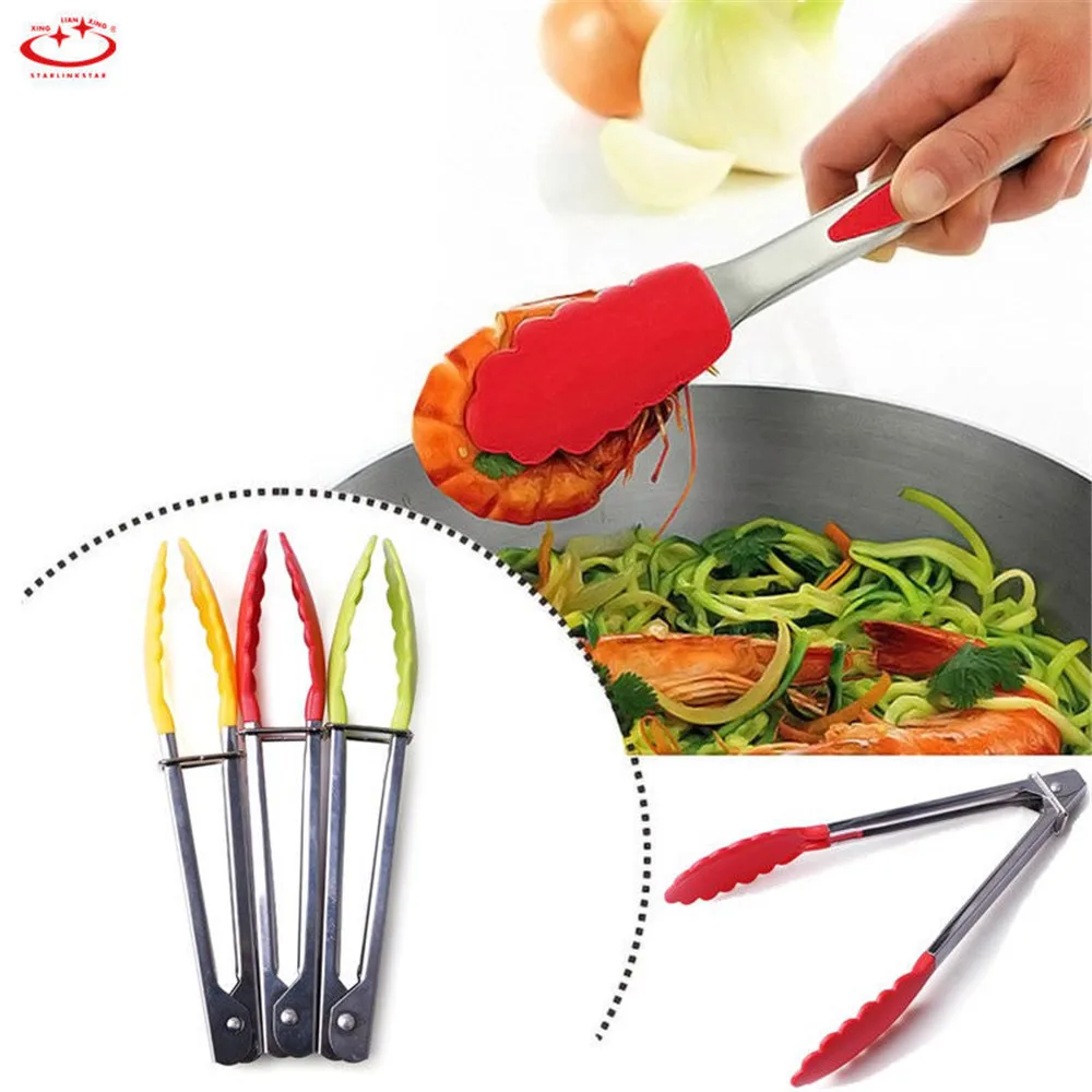 Silicone Cooking Food Salad Serving BBQ Tongs Stainless Steel Handle